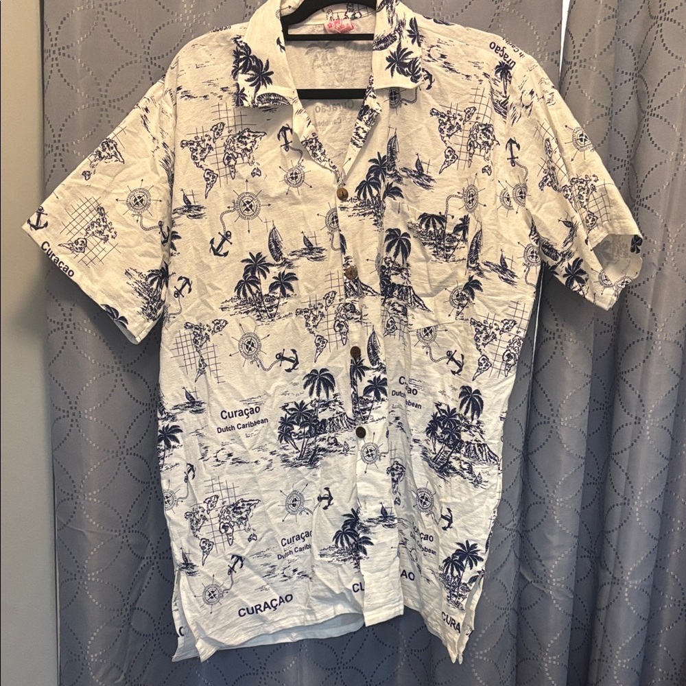 Island Expressions White and Blue Tropical Print Shirt